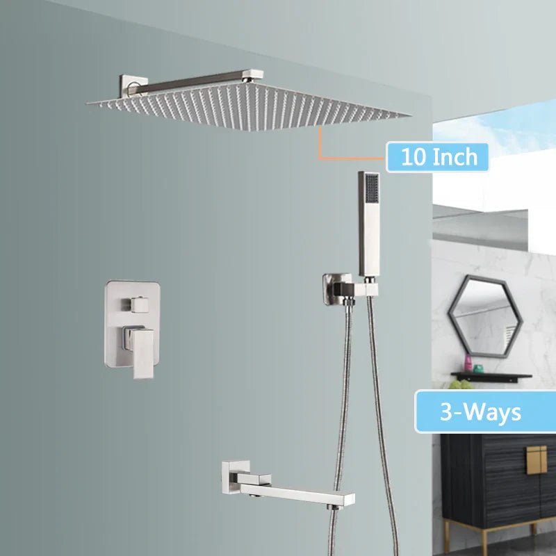 DecorBites™ Brushed Nickel Rainfall Shower Faucet Set with Tub Spout - 16" Head