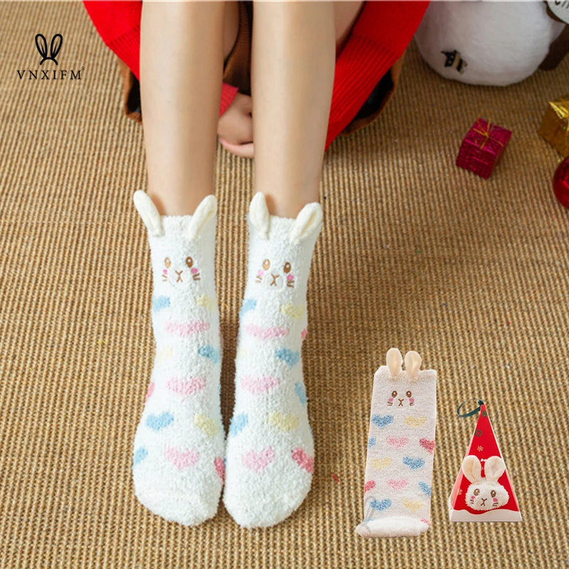 Cute Animal Design Deer Christmas socks Gift 3D Fluffy Coral Velvet Thick Warm Winter Sock For Women new Year gift Sox with Box