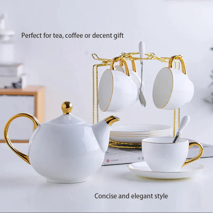 DecorBites™ Elegant Bone China Tea Set | Porcelain Teacup & Teapot Set White Gold