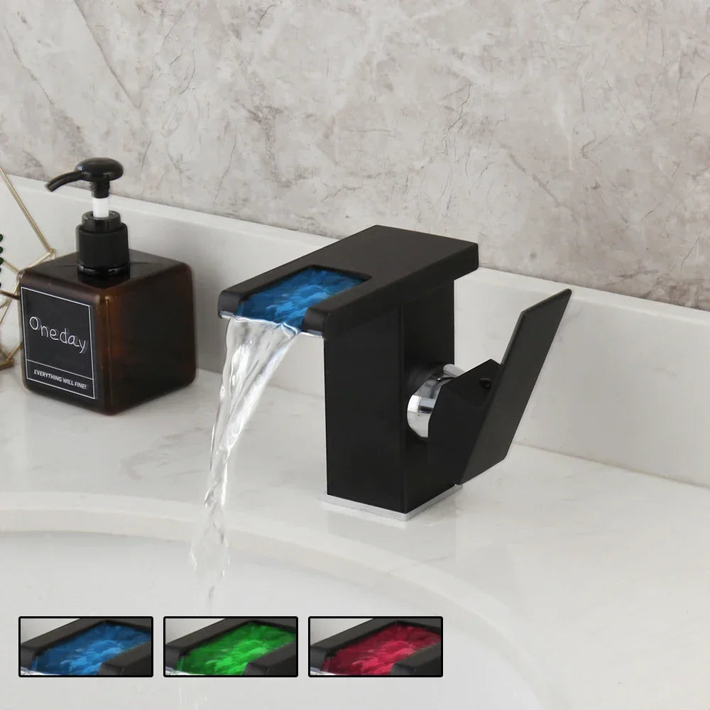 Grifo de lavabo con cascada LED DecorBites™, blanco y negro, mezclador, montaje sobre encimera, latón macizo