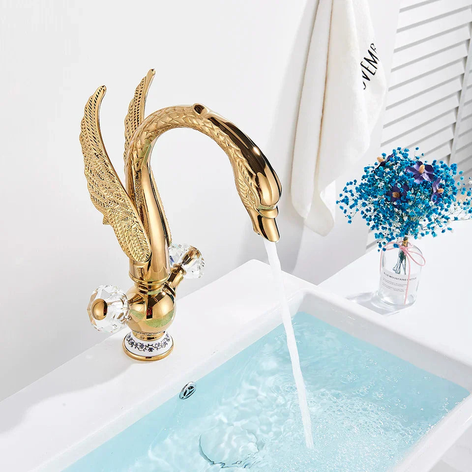 DecorBites™ Gold Swan Basin Faucet: Deck Mounted Bathroom Mixer Tap with Hot and Cold Water