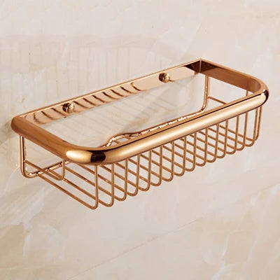 Estante de baño de latón dorado Decorbites™ con perchero para toallas, soporte para champú y canasta