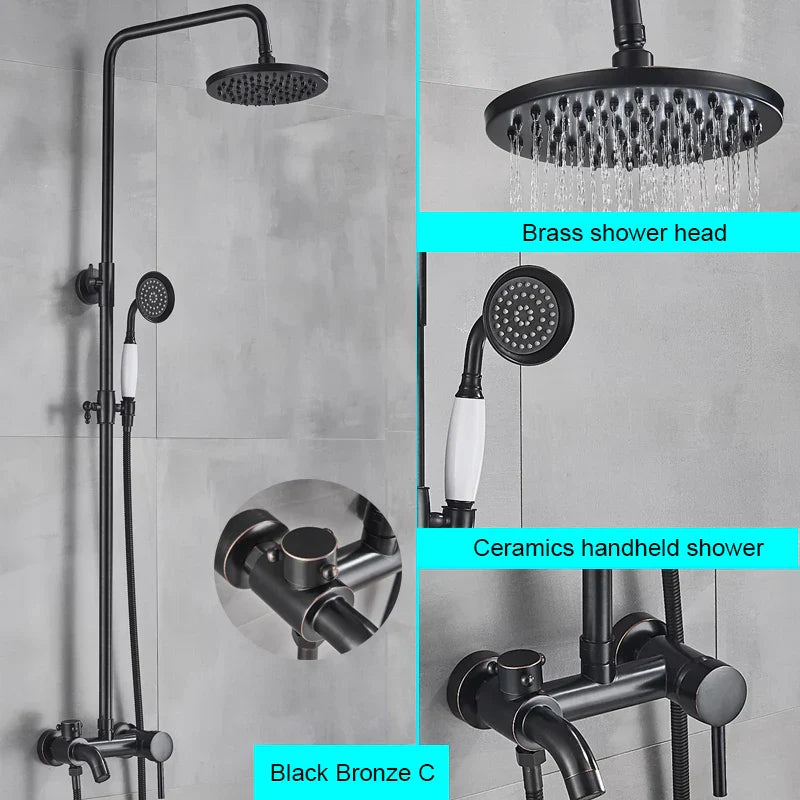 DecorBites™ Black Bathroom Shower Faucet Mixer with 8" Rainfall Shower, Wall Mount Tub Spout