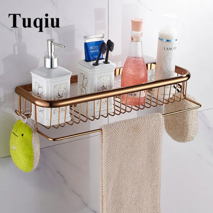 DecorBites™ Gold Brass Bathroom Shelf with Towel Hanger, Shampoo Holder, and Basket
