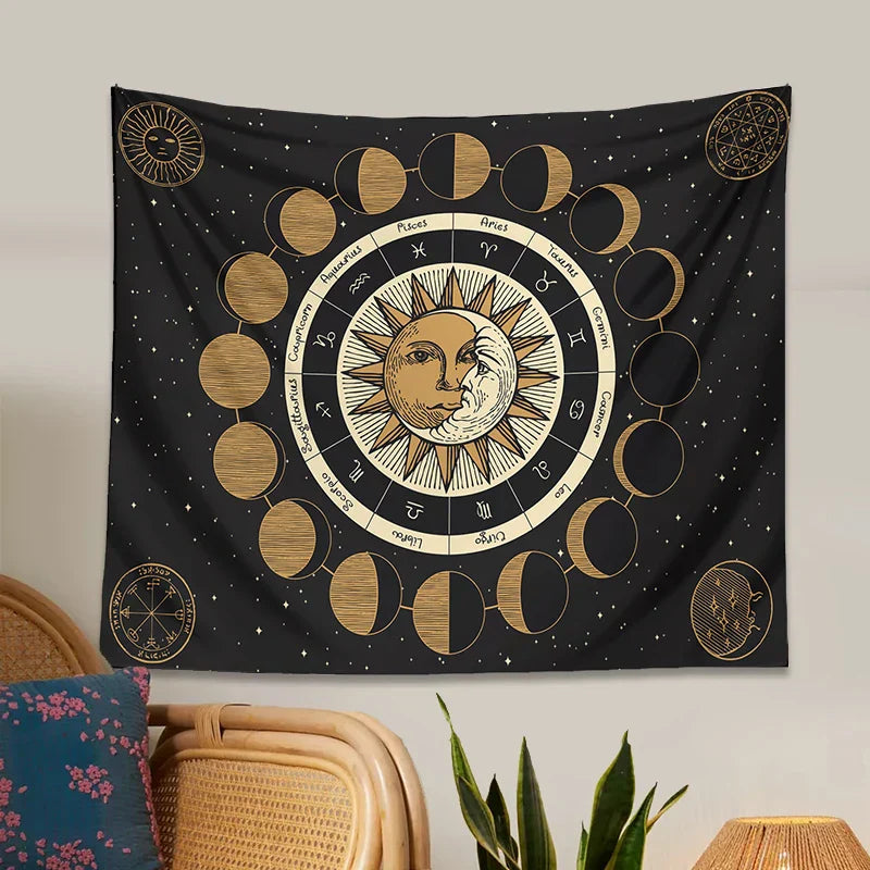 Decobites Astrology Wheel Tapestry Moon Phase Sun and Moon Starry Sky Home Decor