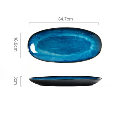 DecorBites™ Japanese Blue Ceramic Tableware Set - Rice Bowl, Plate, Spoon, Udon Ramen Bowl, Soup Dish