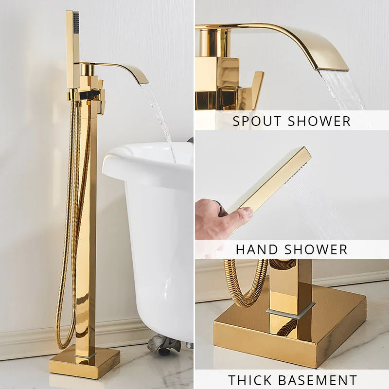 Juego de Grifos para Bañera de Oro Decorbites™ Mezclador de Ducha de Agua Caliente y Fría Grifo de Cascada Soporte de Suelo