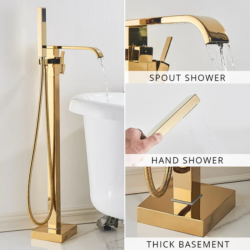 Juego de Grifos para Bañera de Oro Decorbites™ Mezclador de Ducha de Agua Caliente y Fría Grifo de Cascada Soporte de Suelo