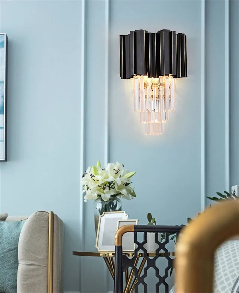 Aplique de pared Decorbites™ de cristal negro dorado con gotas de cristal K9, lámpara de pared moderna con pantalla de gotas de cristal