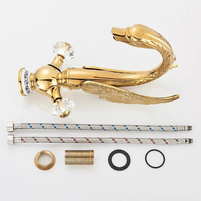 DecorBites™ Golden Swan Basin Faucet: Solid Brass, Deck Mount, Dual Handle Mixer Tap
