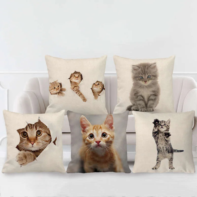 DecorBites™ Cute Cat Face Decorative Cushion Cover Soft Linen Pillow for Home Sofa