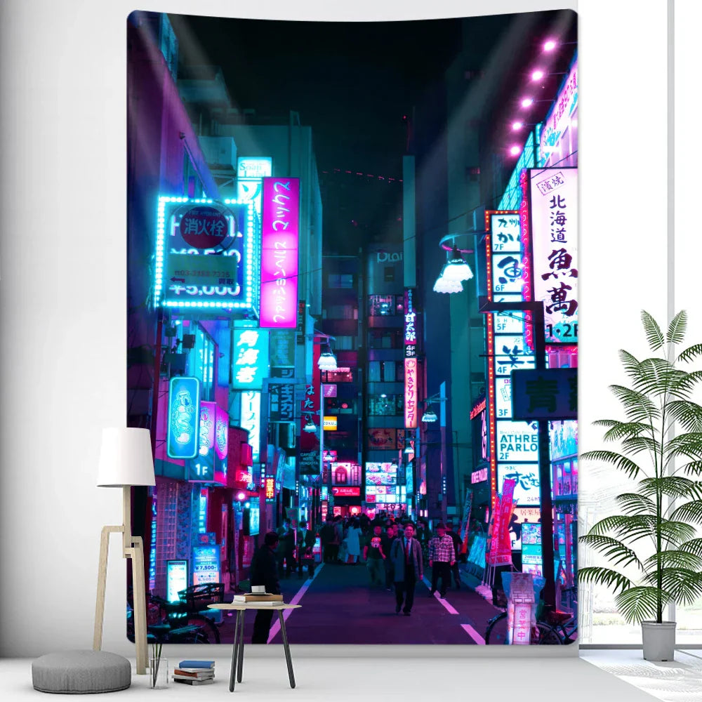 Decobites Tokyo Nightlife Tapestry: Japanese Wall Hanging Bohemian Decorative Sheet