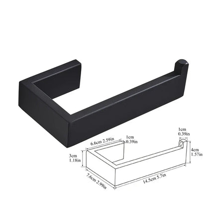 مجموعة أدوات الحمام السوداء من DecorBites™: خطاف رداء، قضيب مناشف، رف، حامل مناديل، منظم فرشاة أسنان