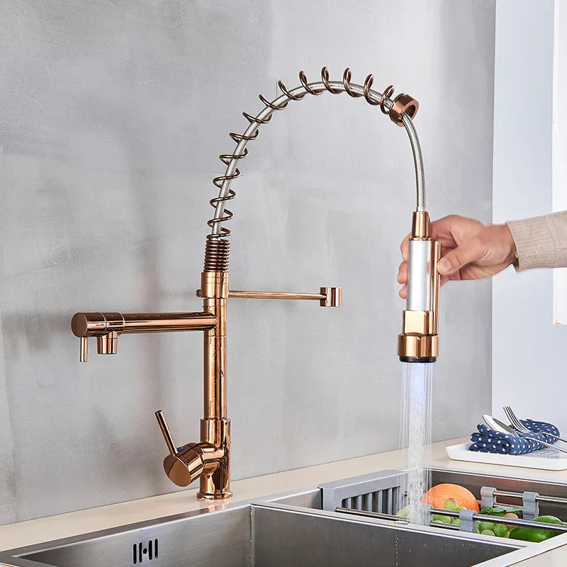 Decorbites™ Grifo de Cocina en Oro Rosa con Luz LED y Boca Giratoria con Muelle de Extracción