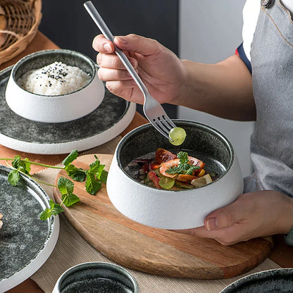 DecorBites™ Ice Cracked Glaze Ceramic Grey Plate and Bowls Set