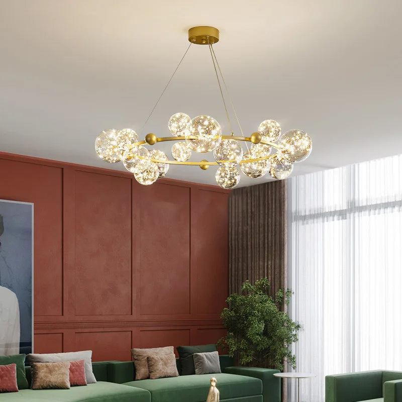 DecorBites™ Golden Ring Glass Ball Chandelier with Remote Control for Living Dining Room