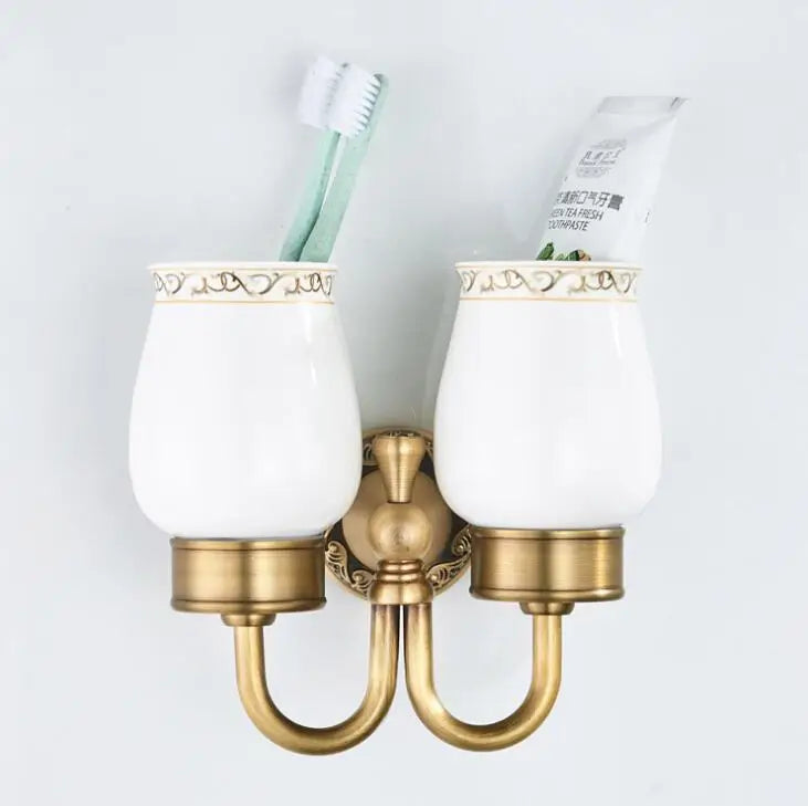 DecorBites™ Brass Double Cup Holder with Glass Tumbler - Bathroom Toothbrush Cup Holder