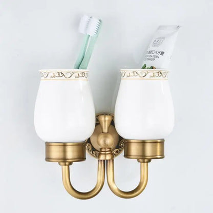 DecorBites™ Brass Double Cup Holder with Glass Tumbler - Bathroom Toothbrush Cup Holder