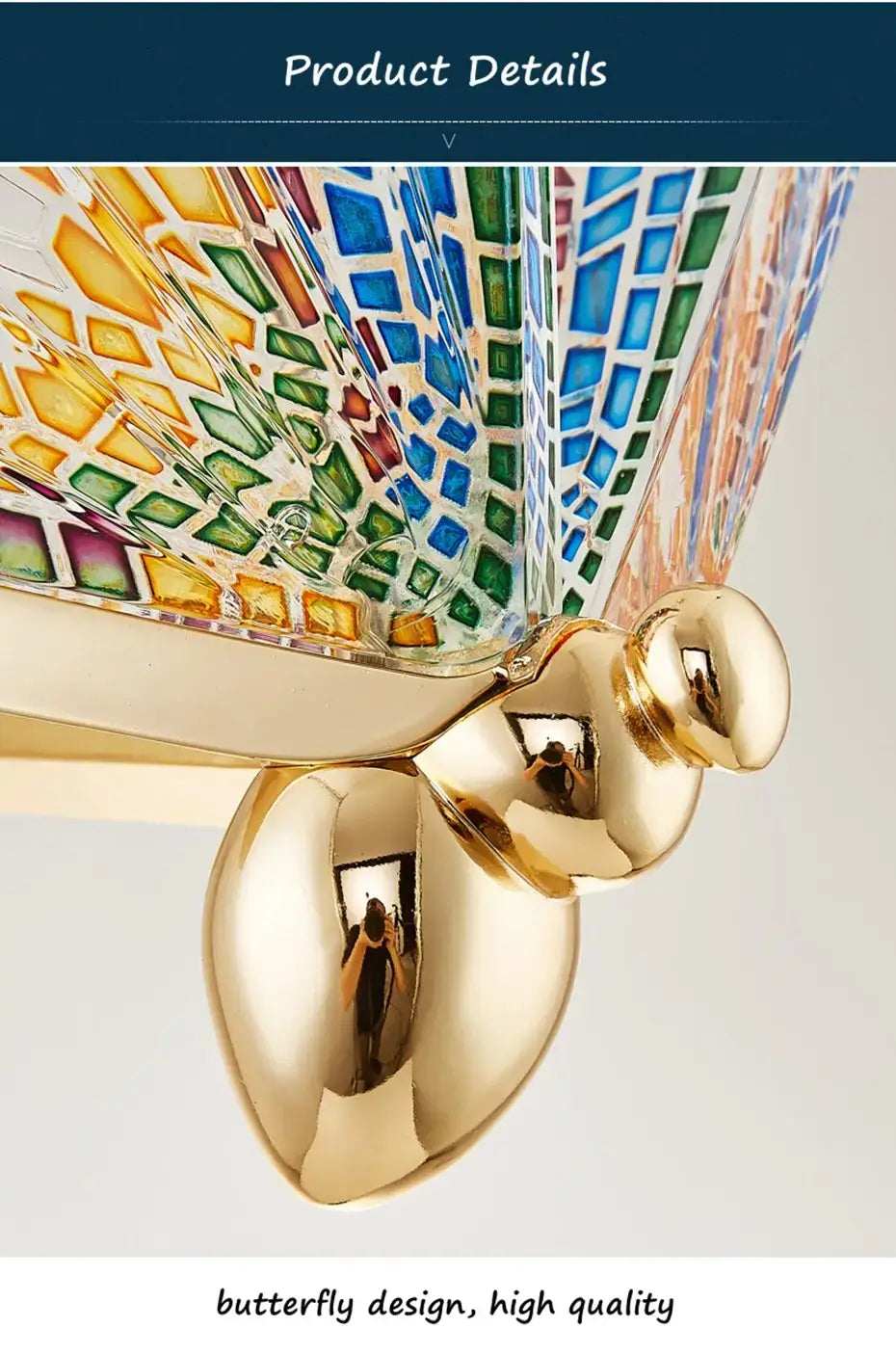 a vibrant multi-colored stained glass butterfly led wall light with a polished gold metal base designed as a nordic butterfly led for bedroom use