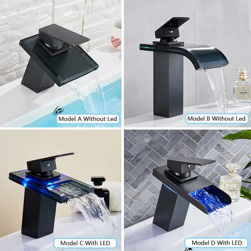 Grifo de lavabo DecorBites™ con cascada LED, acabado bronce negro, monomando, montaje sobre encimera.