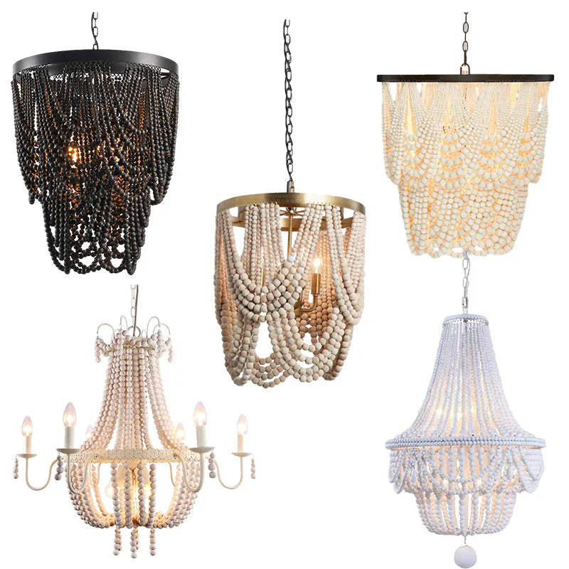 ثريا ديكوربايتس™ الخشبية السوداء المُعلّقة بالخرز - إضاءة نورديك عتيقة للمدخل، وغرفة الطعام، وغرفة النوم