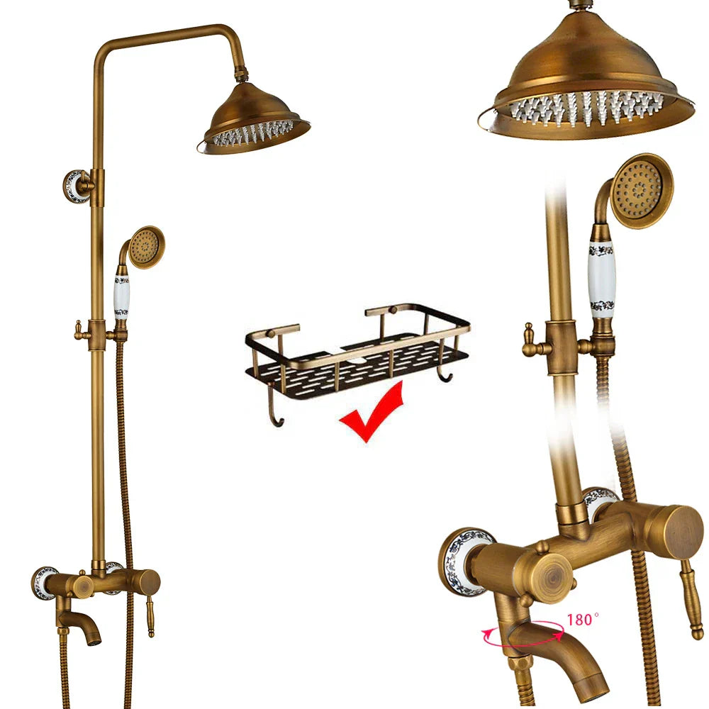 DecorBites™ Brass Antique Dual Handle Shower Faucet Set with Handshower Shelf