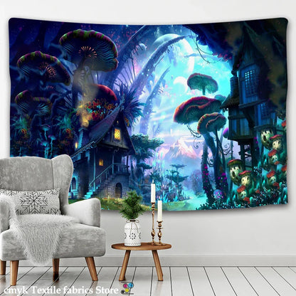 Decobites Dreamy Castle Mushroom Tapestry Psychedelic Wall Hanging Hippie Kids Decor