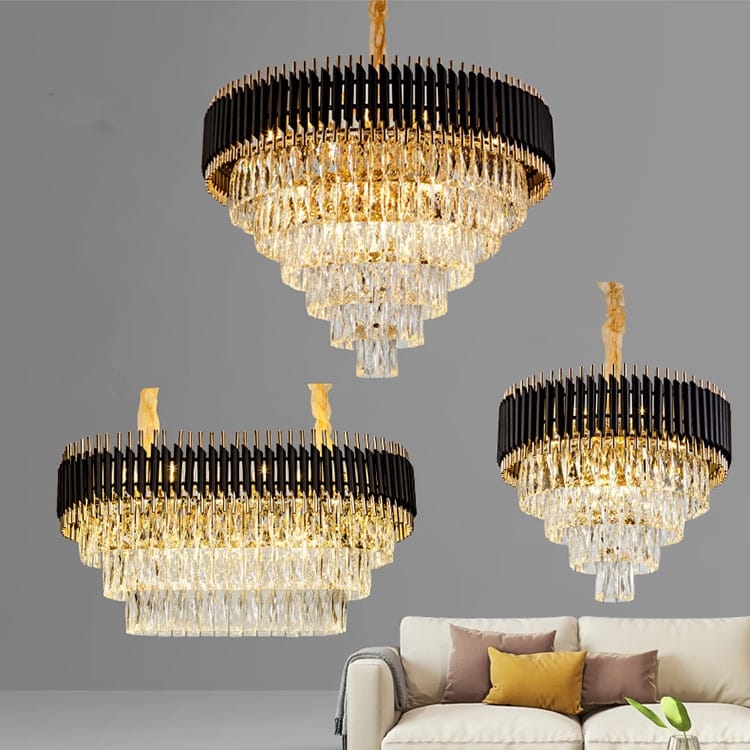Elegant multi-tiered luxury k9 crystal chandelier with black metal frames gold accents and cascading clear crystal droplets ideal for dining room lighting by Nebra luxury.