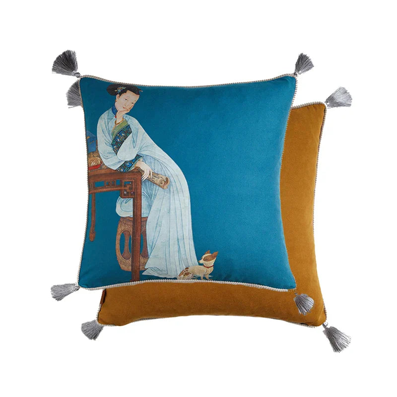 DecorBites™ Chinese Classical Women Print Cushion Cover with Tassels