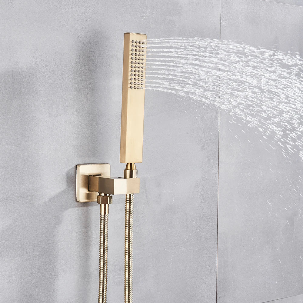 Juego de grifería para ducha tipo lluvia DecorBites™ Golden de 8" con teleducha - Grifo mezclador de lujo para montaje en pared