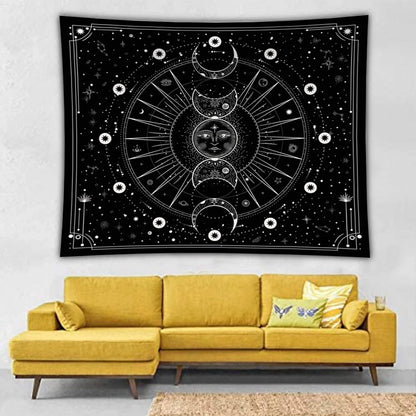 Decobites Moon Phase Tapestry: Stars Space Psychedelic Black & White Wall Hangings