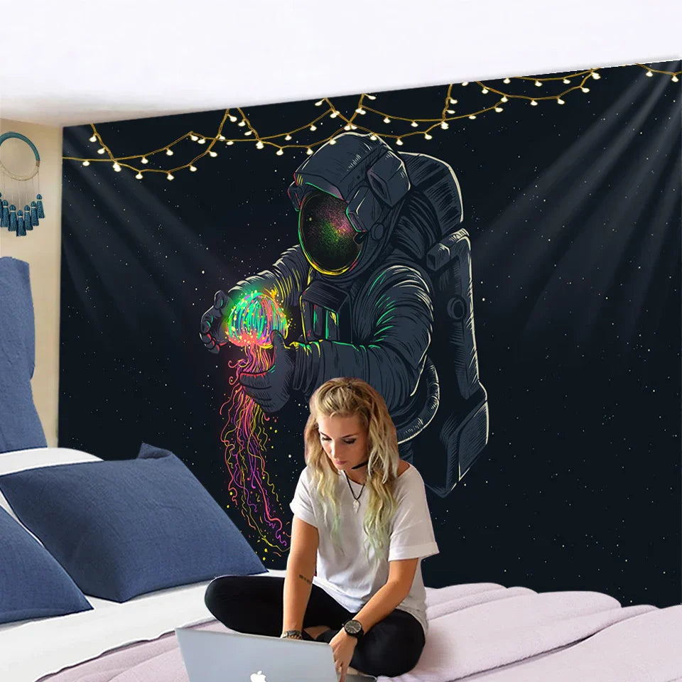 DecorBites™ Jellyfish Interstellar Sky Tapestry Wall Hanging: Astronaut Design for Boho Dorm Decor