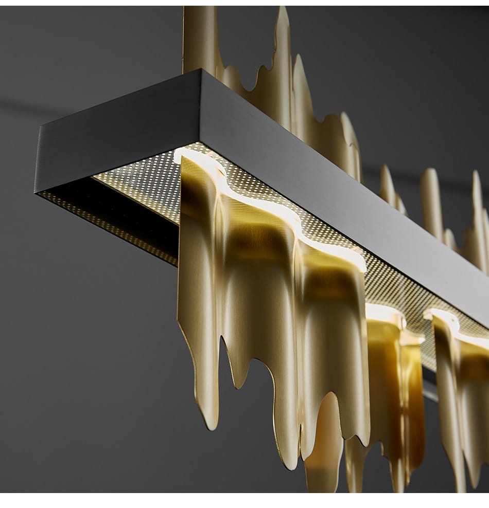 Modern gold and black iceberg led chandelier lighting features a sleek rectangular frame with cascading molten-metal-inspired droplets designed for dining room led chandelier lighting.