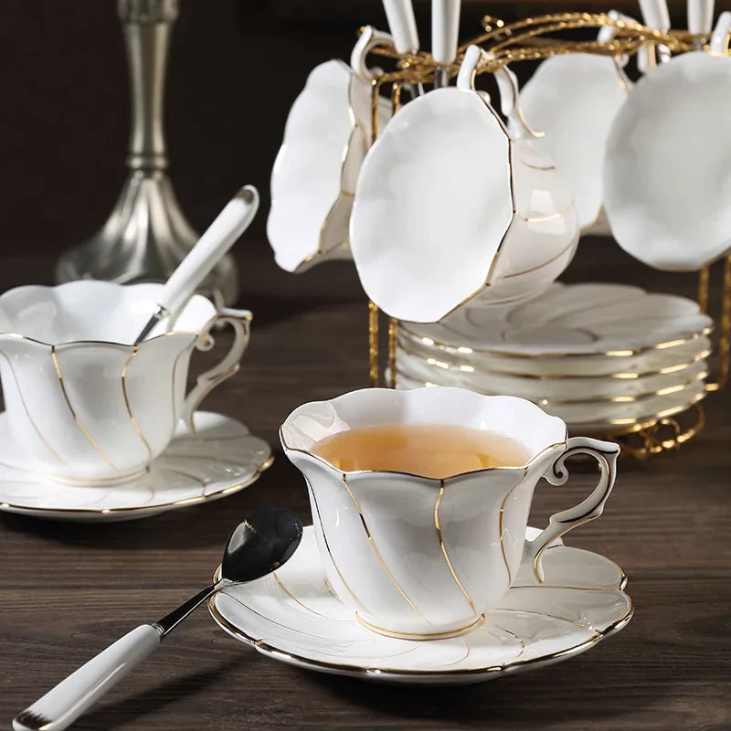 DecorBites™ Gold Wave Bone China Tea Cup Set 200ml High-grade Porcelain Drinkware