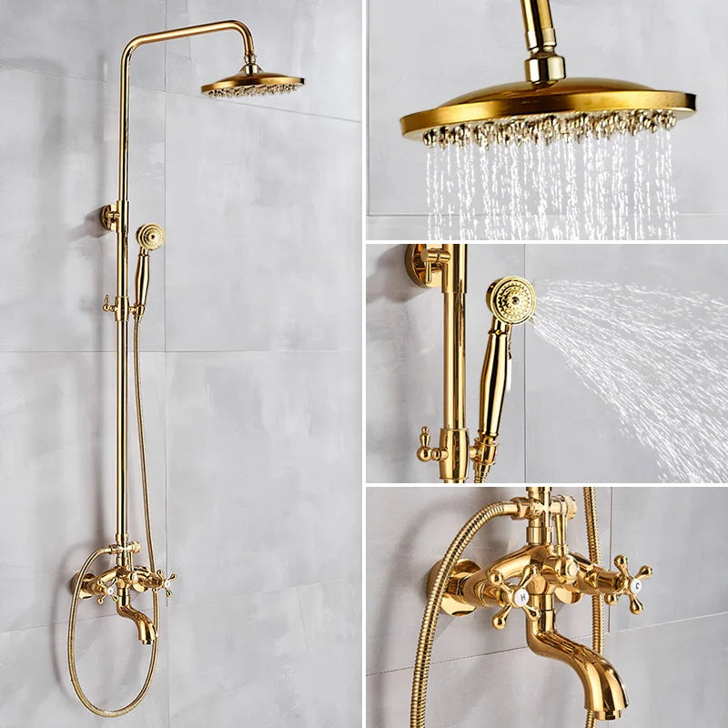 DecorBites™ Gold Shower Faucet Set with 8" Rainfall Shower Head and Hand Shower