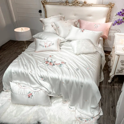 Decobites White Flower Embroidery Lyocell Bedding Set, Queen/King Duvet, Sheet, Pillowcases