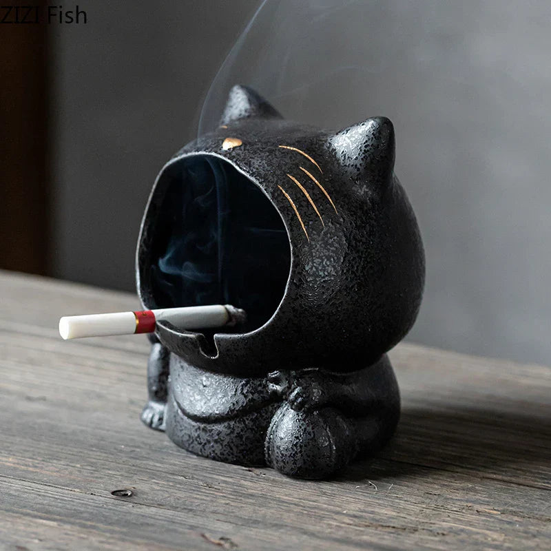 DecorBites™ Cartoon Cat Ceramic Ashtray for Household, Living Room - Large Capacity, Anti-Fly Ash