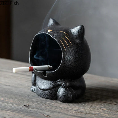 DecorBites™ Cartoon Cat Ceramic Ashtray for Household, Living Room - Large Capacity, Anti-Fly Ash