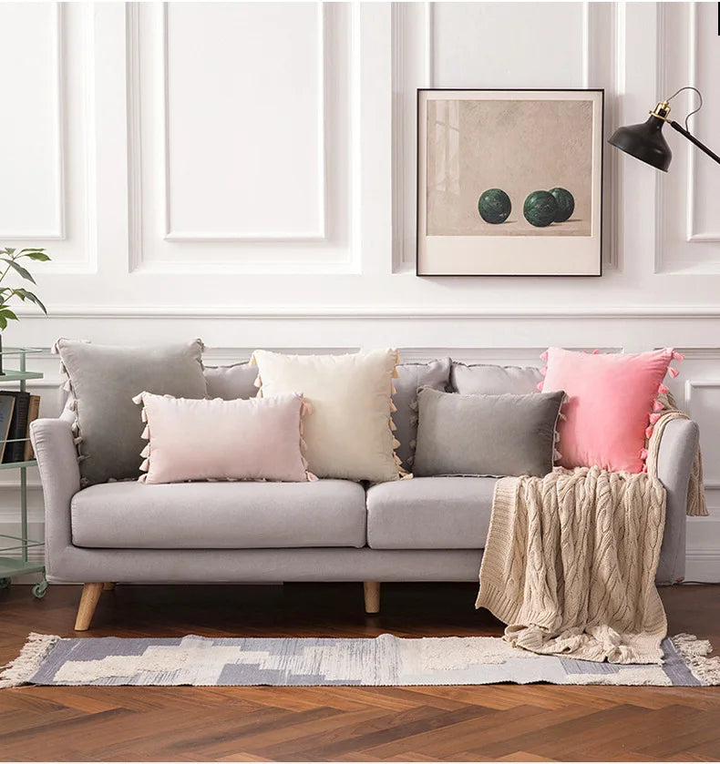 DecorBites™ Fringed Tassel Velvet Pillowcase 50x50cm/30x50cm in Popular Light Colors