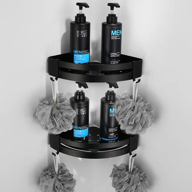 مجموعة أدوات الحمام المصنوعة من الألومنيوم الأسود من DecorBites™: حامل مناشف، حامل ورق، رف زاوية، رف مناشف، حامل فرشاة المرحاض