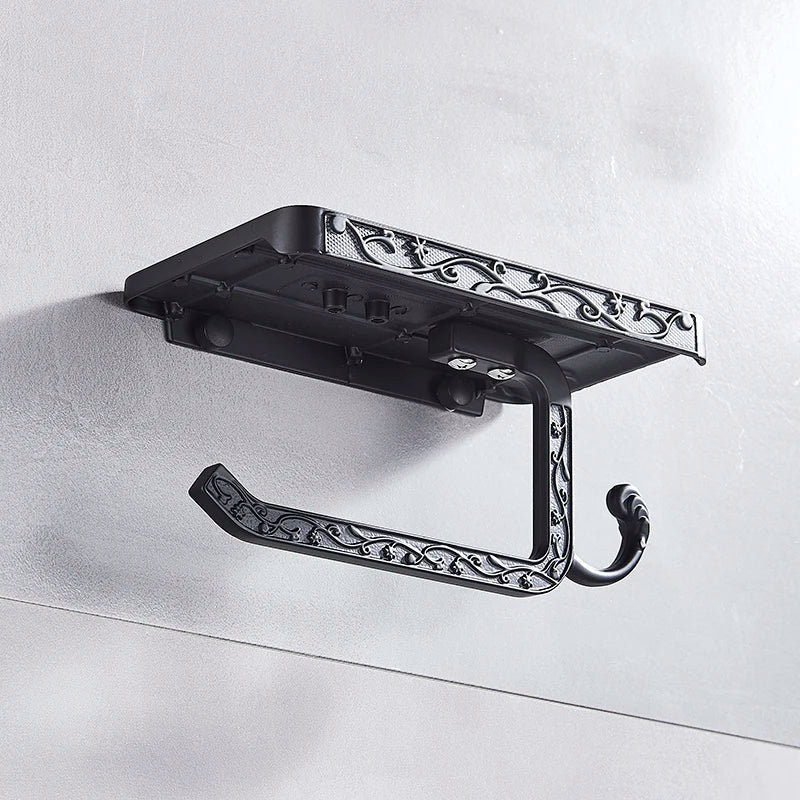 حامل ورق تواليت أسود مع رف للهاتف من DecorBites™: وحدة تخزين حائطية من الألومنيوم للحمام
