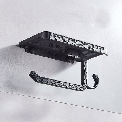 حامل ورق تواليت أسود مع رف للهاتف من DecorBites™: وحدة تخزين حائطية من الألومنيوم للحمام