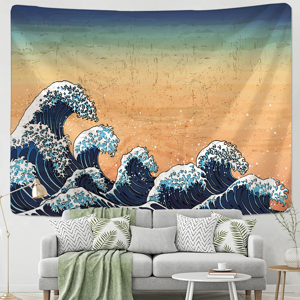 Decorbites™ Tapiz Colgante de Olas de Kanagawa: Tapices de Pared con Sol Boho, Cobertor de Cama, Esterilla de Yoga