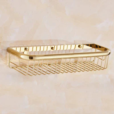 Estante de baño de latón dorado Decorbites™ con perchero para toallas, soporte para champú y canasta