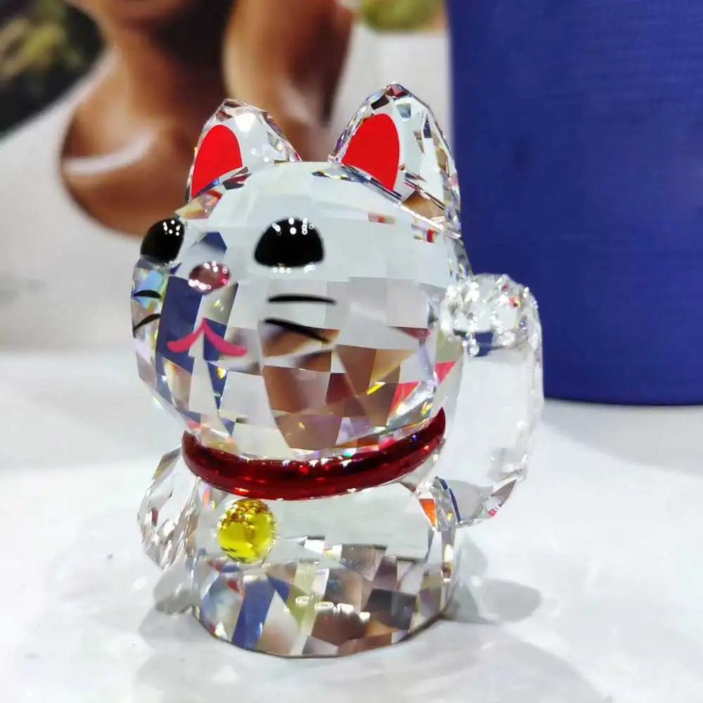DecorBites™ Crystal Lucky Cat Glass Figurine - Fengshui Home Decor & Paperweight