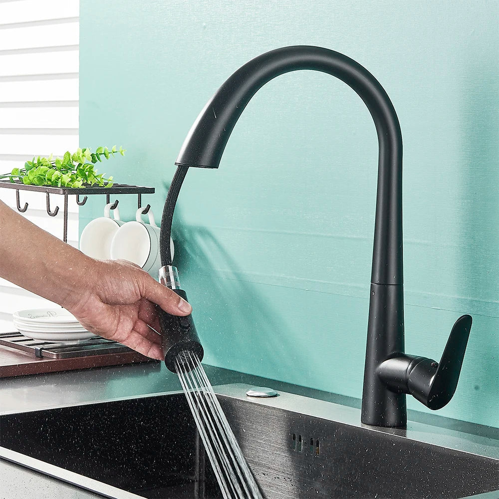 صنبور مطبخ أسود من DecorBites™ بمقبض واحد قابل للسحب لخلاط الماء الساخن والبارد