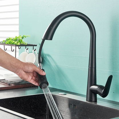 صنبور مطبخ أسود من DecorBites™ بمقبض واحد قابل للسحب لخلاط الماء الساخن والبارد