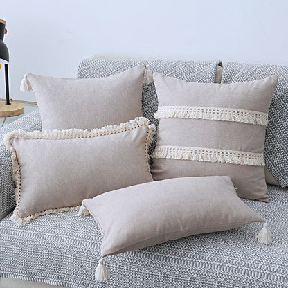 DecorBites™ Boho Style Tassel Pillow Cover Set for Sofa Bed, Beige Grey Blue Yellow