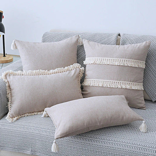 DecorBites™ Boho Style Tassel Pillow Cover Set for Sofa Bed, Beige Grey Blue Yellow