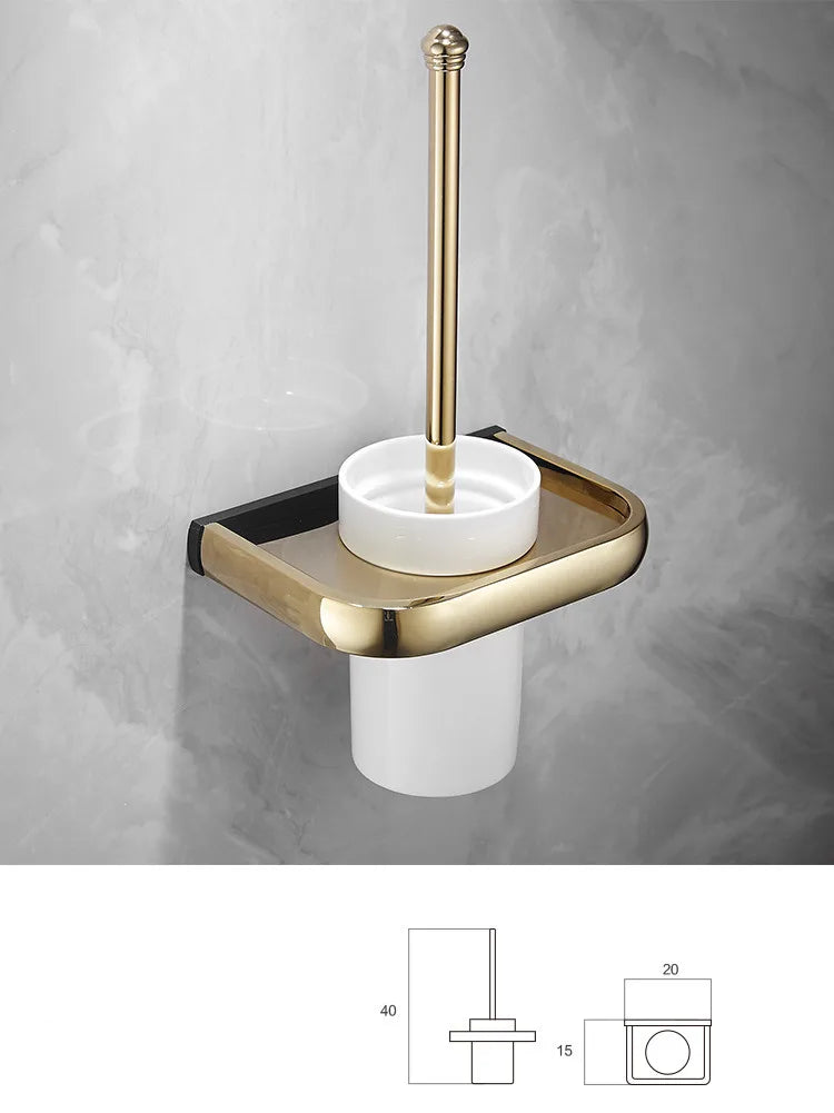 DecorBites™ Gold & Black Bathroom Hardware Set: Shelf, Towel Rack, Paper Holder, Brush Holder